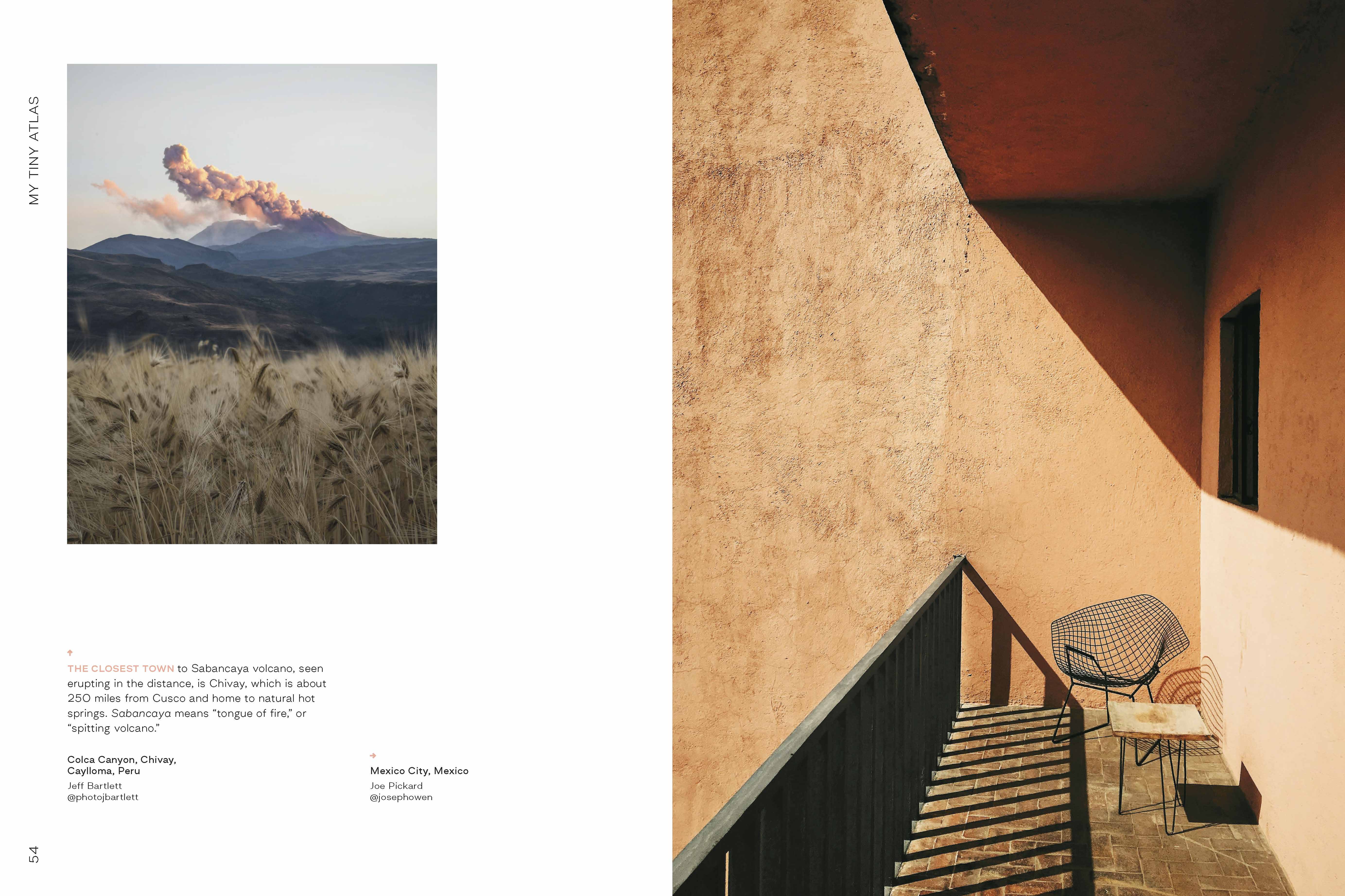 Sabancaya volcano erupting in Peru and shaded patio in Mexico City Mexico 