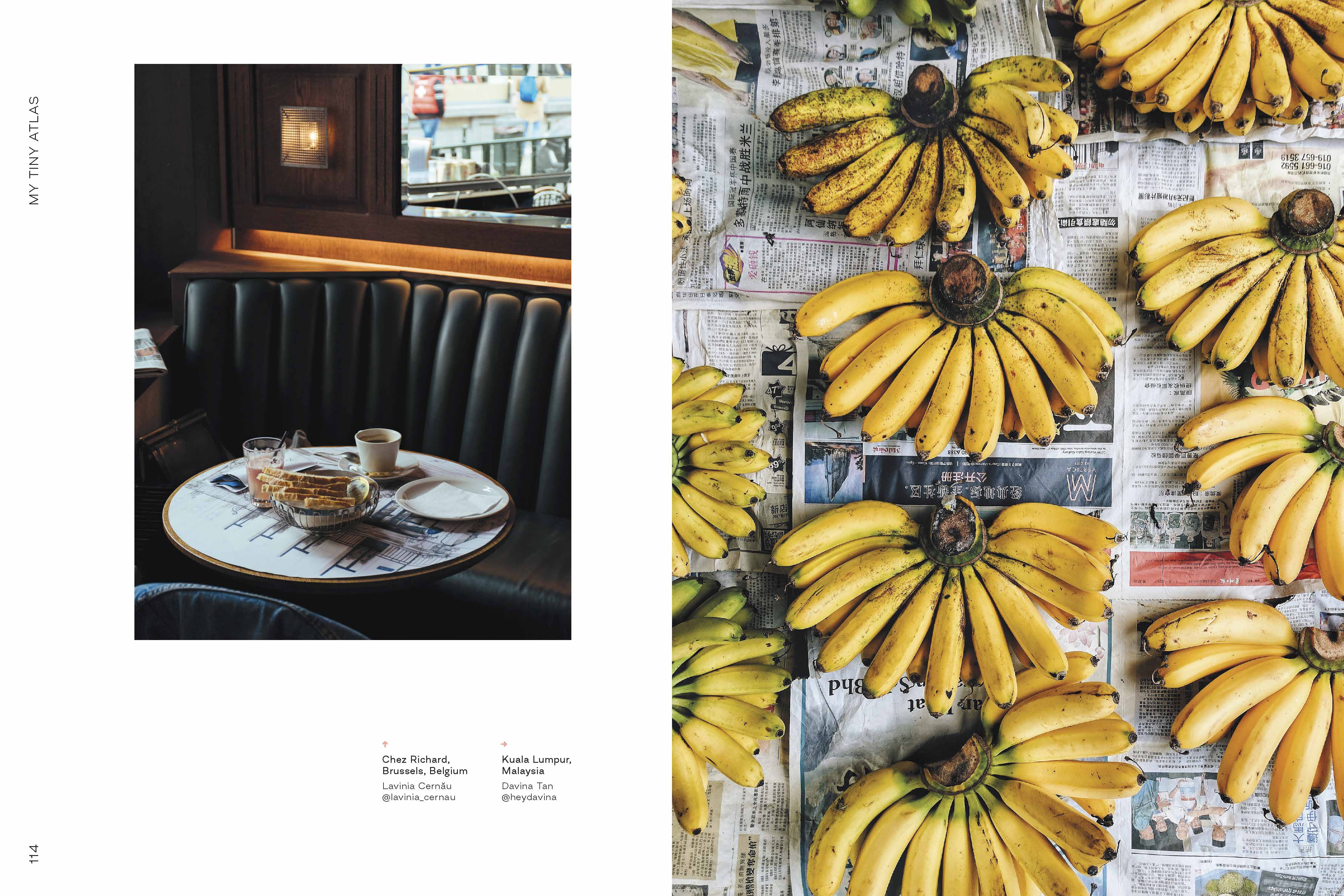 Cafe table in Brussels Belgium and banana bundles on display in Malaysia